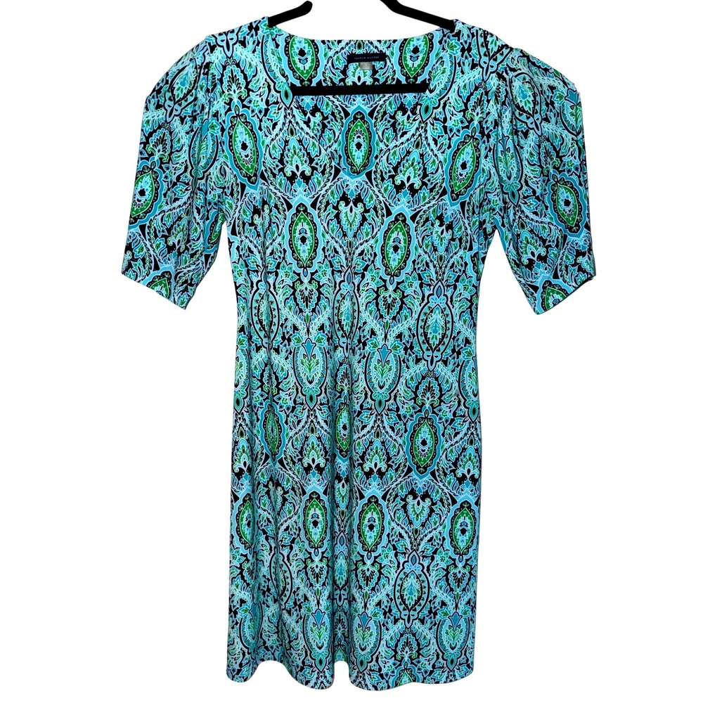 Tommy Hilfiger Sheath Dress Womens 8 Blue Green Paisley V-Neck Puff Sleeve